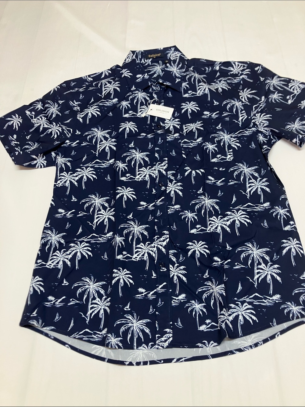 Men's Navy Palm-Print Short Sleeve Button-Down Shirt